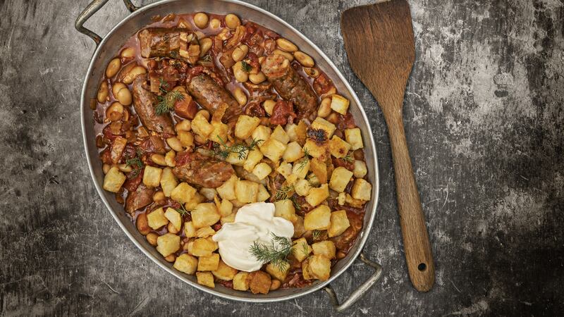 Kielbasa cassoulet, parmentier potatoes, sour cream