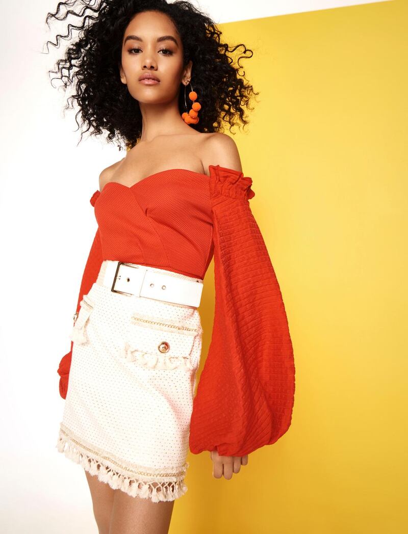 Red top  45, earrings  17, skirt  50 River Island