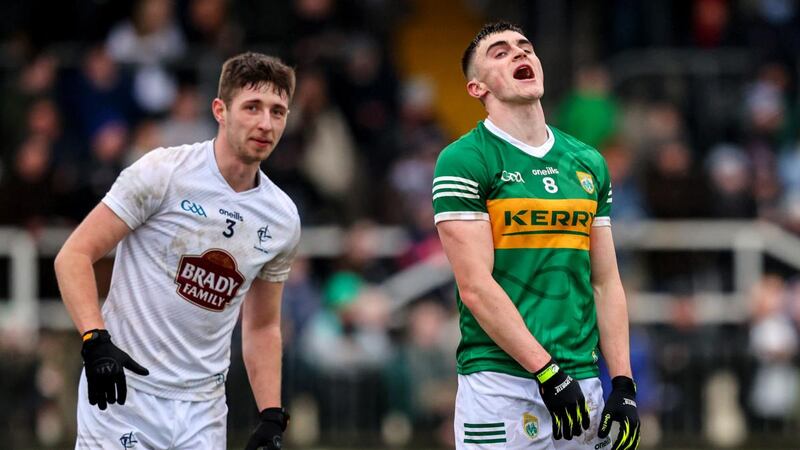 Kerry’s Seán O’Shea reacts to a missed chance during the game against Kildare. Photograph: Ryan Byrne/Inpho