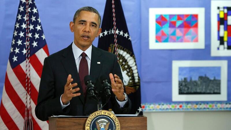 US president Barack Obama answers a question about the situation in Ukraine, following remarks on the budget at Powell Elementary School in Washington yesterday. Photograph: Reuters/Jonathan Ernst