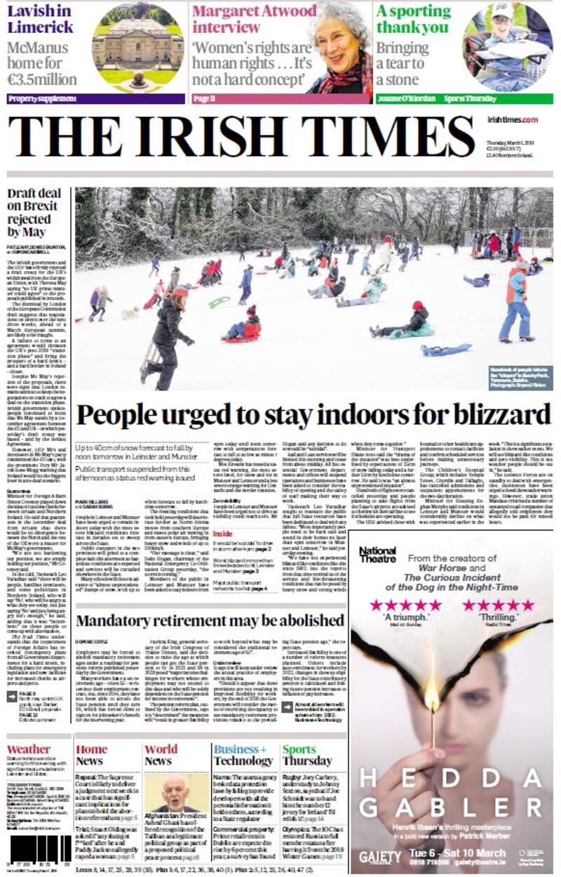 The Irish Times front page this day last year