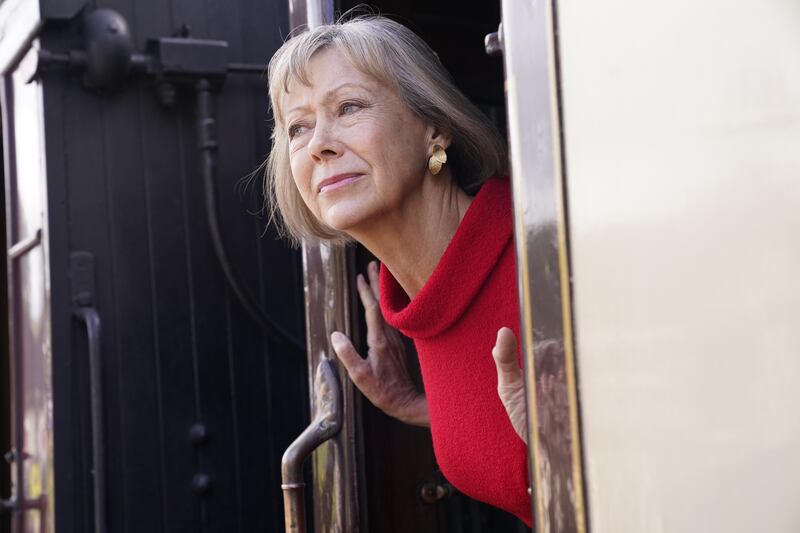 Jenny Agutter on a train at Oakworth Station in West Yorkshire to attend the world premiere of The Railway Children Return in Keighley. Photograph: Danny Lawson