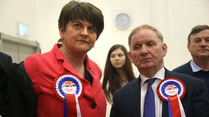 DUP party chairman Lord Morrow with DUP leader Arlene Foster at Omagh count centre. Photograph: Brian Lawless/PA