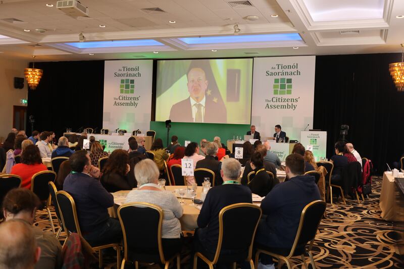 The Citizens' Assembly of people listening to a recorded address by Taoiseach Leo Varadkar at the inaugral meeting in Malahide, Dublin. Photograph: Maxwell Photography