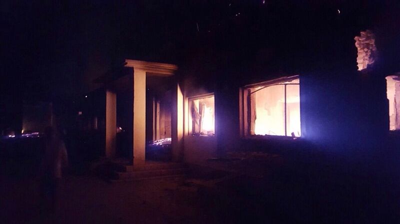 Fire in seen at a hospital in Kunduz after the bombings. Photograph: EPA