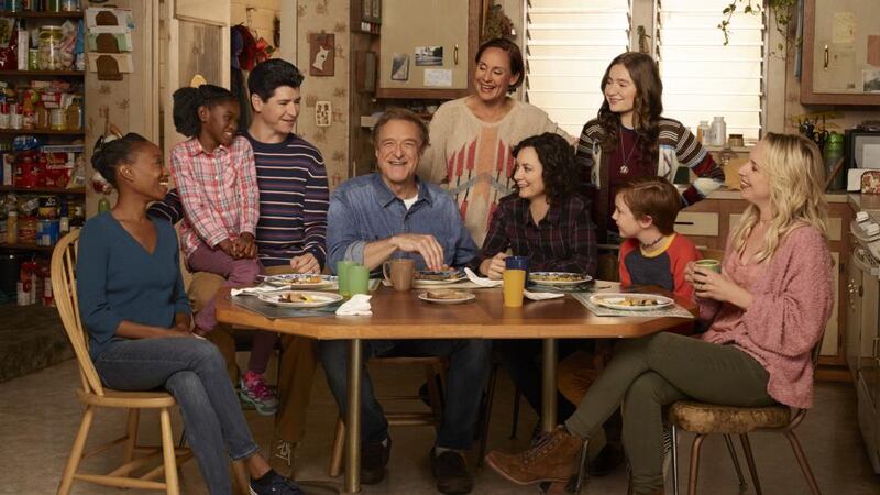The Conners: Maya Lynne Robinson, Jayden Rey, Michael Fishman, John Goodman, Laurie Metcalf, Sara Gilbert, Emma Kenney, Ames McNamara and Lecy Goranson in the ABC comedy. Photograph: Robert Trachtenberg/ABC