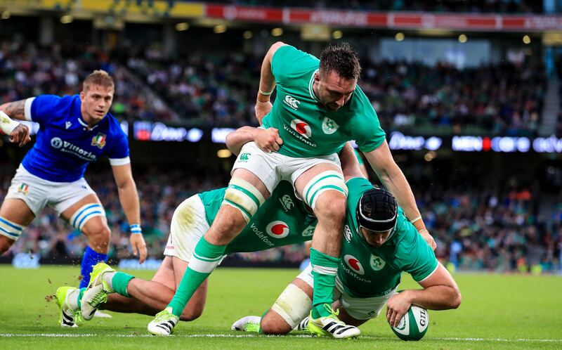 Ireland's Caelan Doris touches down for one of his two tries against Italy. Photograph: Evan Treacy/Inpho