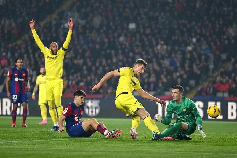 Alexander Sorloth of Villarreal scores his team's fourth during the extraordinary 5-3 win over Barcelona this week. Photograph: David Ramos/Getty Images