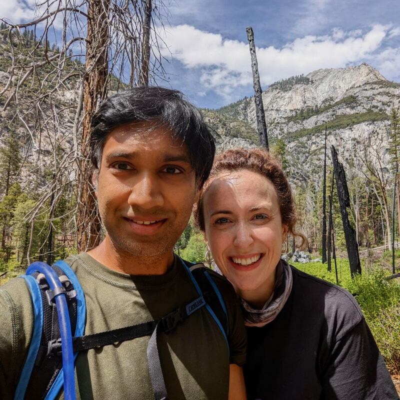 California lifestyle: Eva-Marie Costello with Somudro Gupta during a hike in Kings Canyon National Park, in the Sierra Nevada mountains