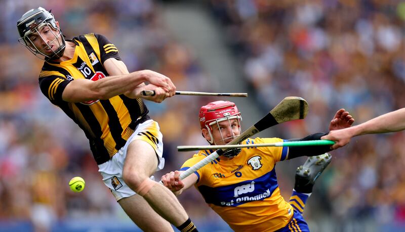 Kilkenny’s Tom Phelan in action against John Conlon of Clare during the All-Ireland hurling semi-final at Croke Park. Photograph: James Crombie/Inpho
