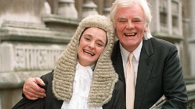 Cherie Booth and her father, Tony Booth, outside the High Court in London after she was sworn in as a QC, in 1995. Photograph: Fiona Hanson/PA Wire