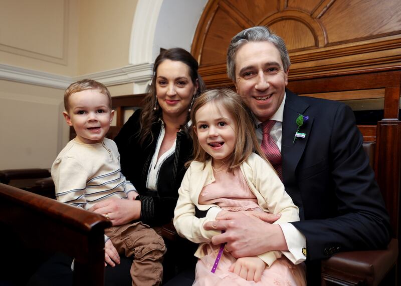 Then newly nominated Taoiseach Simon Harris with his wife Caoimhe and children, Cillian and Saoirse, in the Dáil. Photograph: Maxwells
