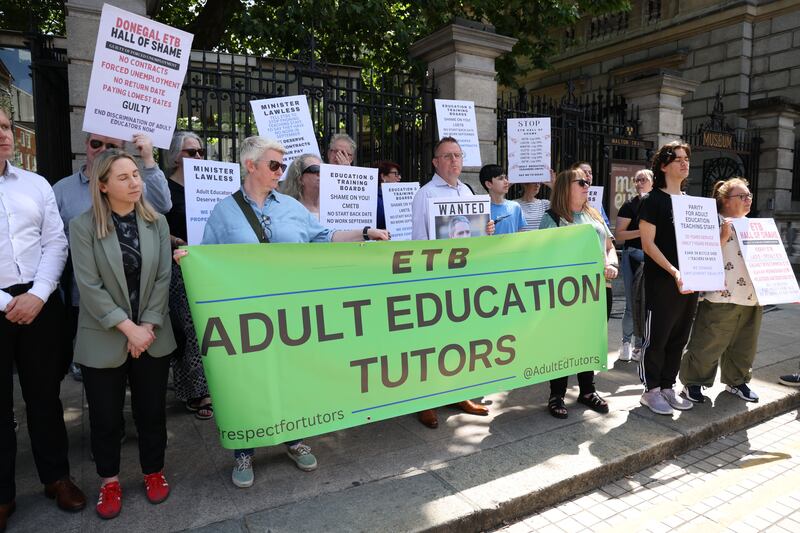 Adult education teachers protesting on Wednesday. Photograph: Bryan O’Brien