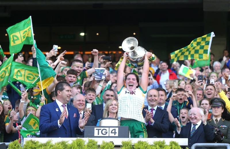 Meath captain Shauna Ennis lifts the trophy after victory over Kerry in the TG4 All-Ireland Ladies SFC final at Croke Park. Photograph: Tom Maher/Inpho 