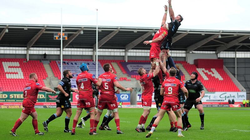 Scarlets’ Aaron Shingler in action against Glasgow Warriors. Sam Warburton  described the athletic, skilful Shingler as the player of the season in Wales. Photograph: Alex Davidson/Inpho