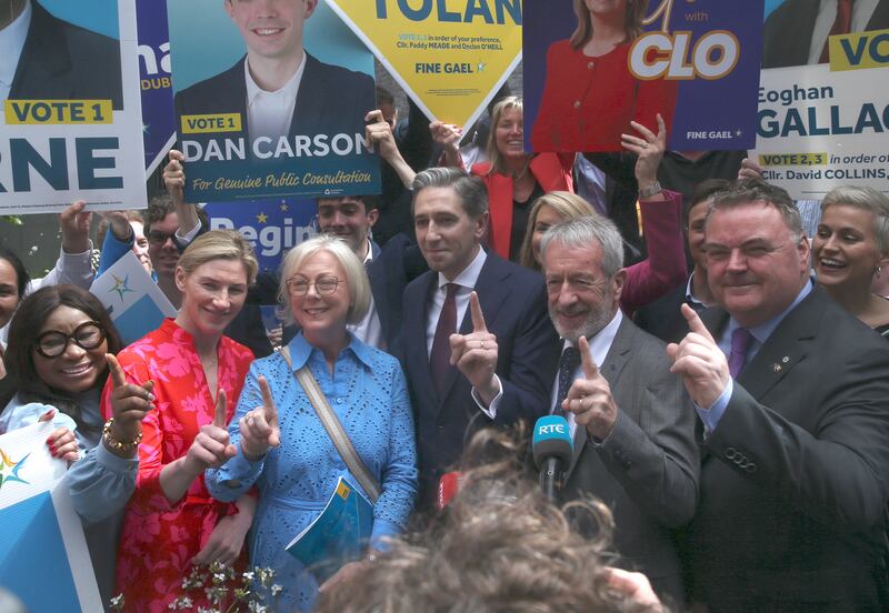 Taoiseach Simon Harris and Fine Gael local and European election candidates at the launch of the party's manifestos. Photograph: Stephen Collins/Collins
