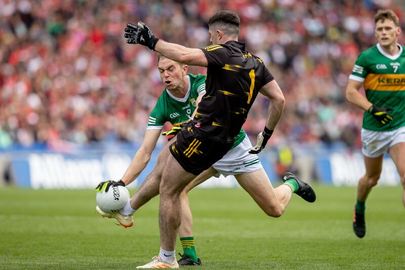 Kerry’s Jack Barry with goalkeeper Odhran Lynch of Derry. Photograph: Morgan Treacy/Inpho