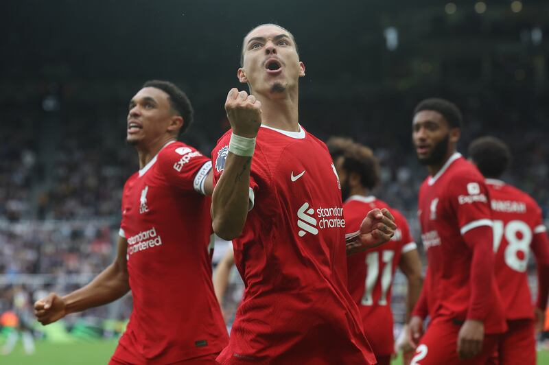 Darwin Nuñez celebrates his first goal after being sprung from the bench at Newcastle. Photograph: Ian MacNicol/Getty Images
