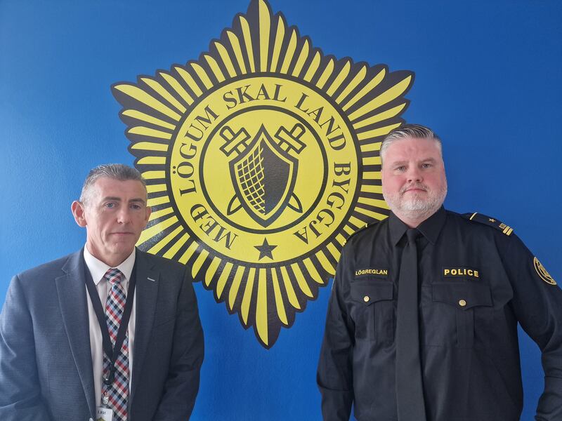 Det Supt Alan Brady and Det Chief Insp Eiríkur Valberg, of the Reykjavík Metropolitan Police, meet as the two police forces start interviewing in the investigation into the disappearance of Icelandic poker player Jón Jónsson, who went missing in Dublin in 2019. Photograph: Karen McHugh
