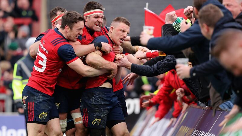 Munster celebrate Andrew Conway’s match-winning try against Toulon. photograph: David Rogers/Getty
