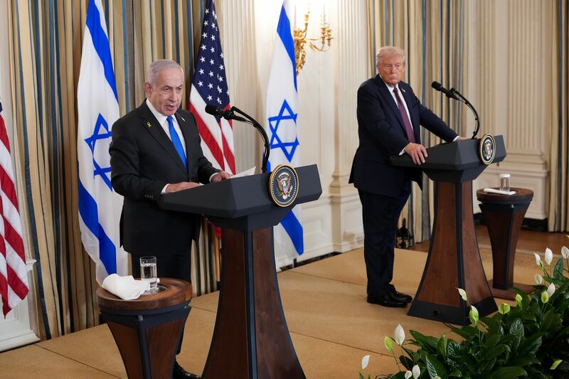 Binyamin Netanyahu speaks during a joint news conference with Donald Trump at the White House last week. Photograph: Doug Mills/The New York Times