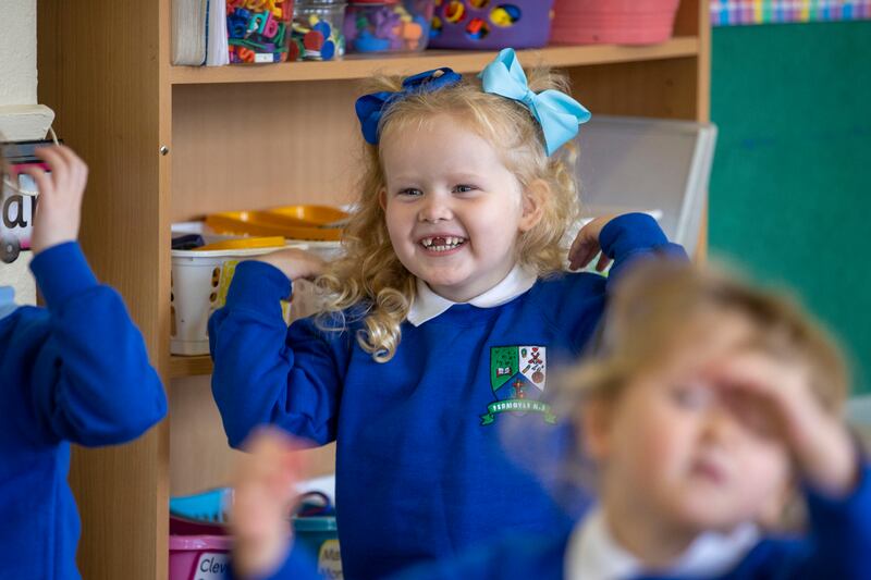 Junior Infant student Grace O'Reilly on her first day at the school. Photograph: Tom Honan