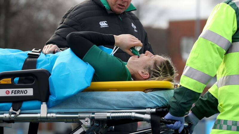 Alison Miller goes off injured   after   fracturing her fibula and tibia and sustaining a compound ankle fracture minutes in to the Six Nations game against Italy in Donnybrook last February. Photograph: Bryan Keane/Inpho