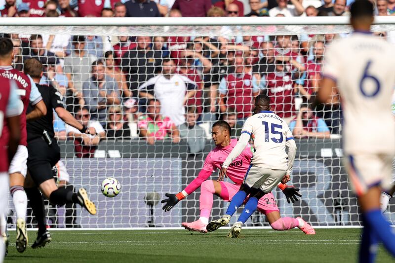 Nicolas Jackson scores Chelsea's second goal against West Ham at the London Stadium. Photograph: Ben Whitley/PA
