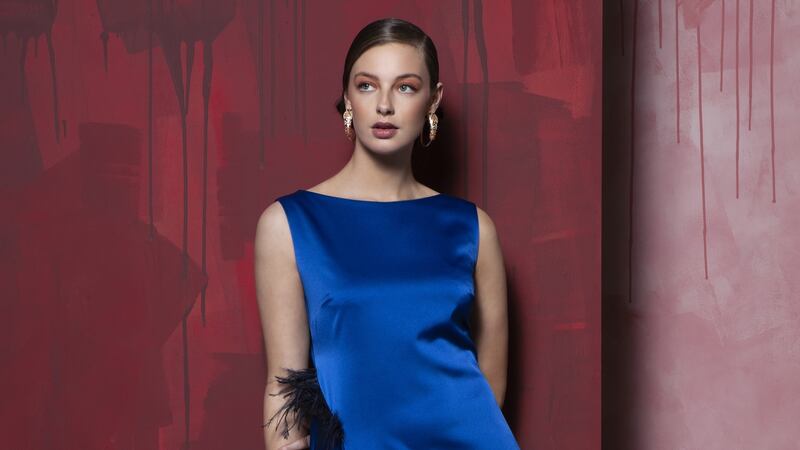 Colette satin navy dress by Caroline and Nicola Kilkenny, €297, carolinekilkenny.com.