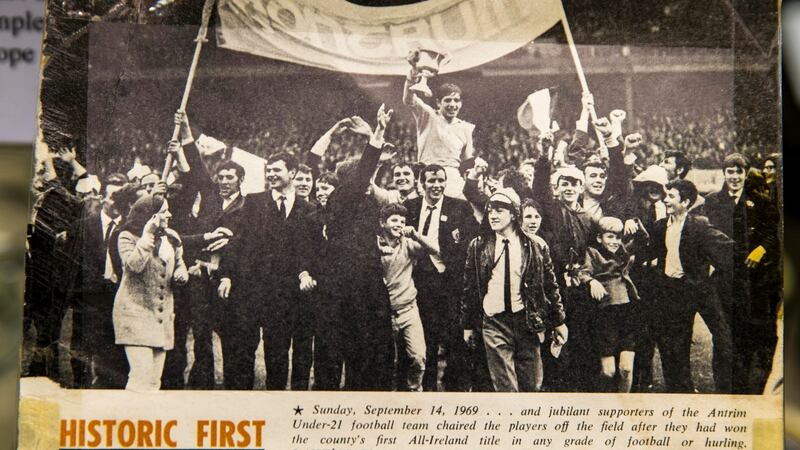 A clipping of the 1969 All-Ireland Under-21 Football Championship showing the Antrim team who went on to beat Roscommon. Courtesy of Séamus Killough.