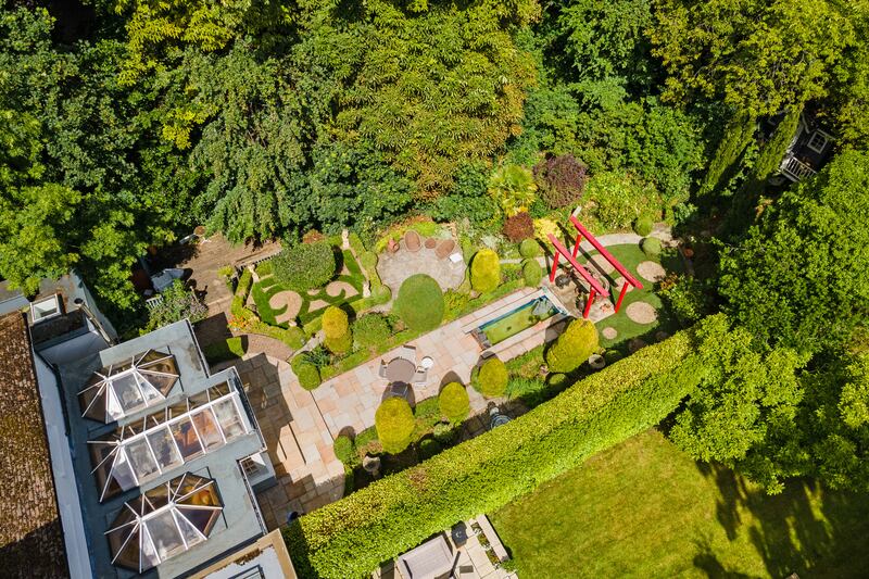 Aerial view of the rear garden and conservatory