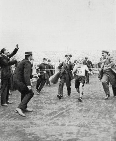 Italy's Dorando Pietri crossed the line first in the marathon at the 1908 Olympics in London, but he never got the gold medal. Photograph: De Agostini via Getty Images