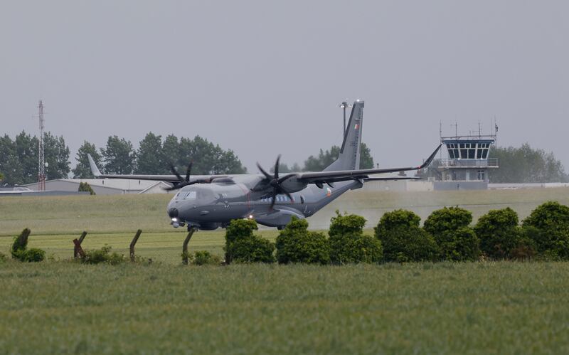 The Air Corps plane landing at Casement Aerodrome, Baldonnel, on Thursday evening with Sean McGovern on board. The Dubliner was extradited from Dubai to face a murder charge. Photograph: Alan Betson