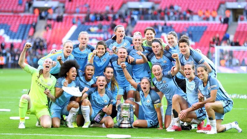 Manchester City Women celebrate winning the  FA Cup  after beating Birmingham City 4-1 at Wembley Stadium, London. Photograph:  Adam Davy/PA