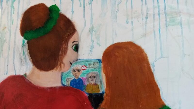 Daily Chat by Ava Power Martin (12): This picture shows me and me sister video chatting our granny and grandad as we can’t see them in real life during these unfortunate times. I painted this as I think it is a good representative of how I’m communicating with family