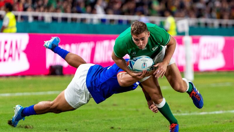 Ireland’s Jordan Larmour is tackled by Samoa’s Tim Nanai-Williams during the game in  Fukuoka. Photograph:  Jayne Russell/Inpho