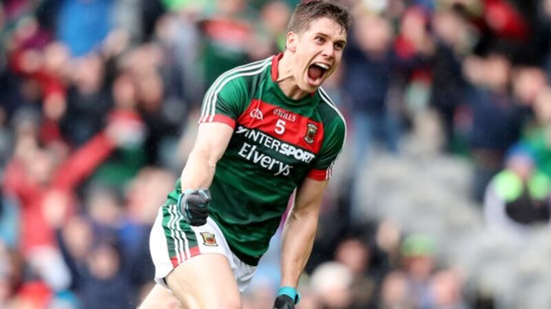 Lee Keegan celebrates scoring against Roscommon. Photograph: Oisin Kneiry/Inpho