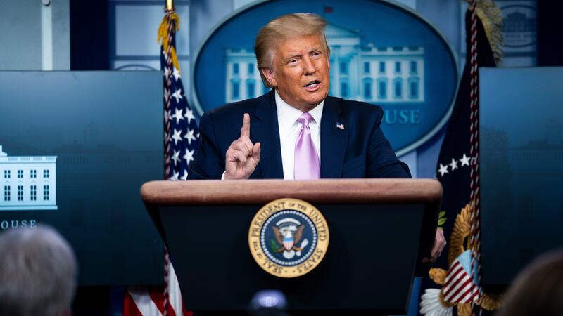 President Donald Trump at a daily briefing where he described QAnon followers as “people that love our country,” at the White House  on August 19th. Photograph: Doug Mills/The New York Times