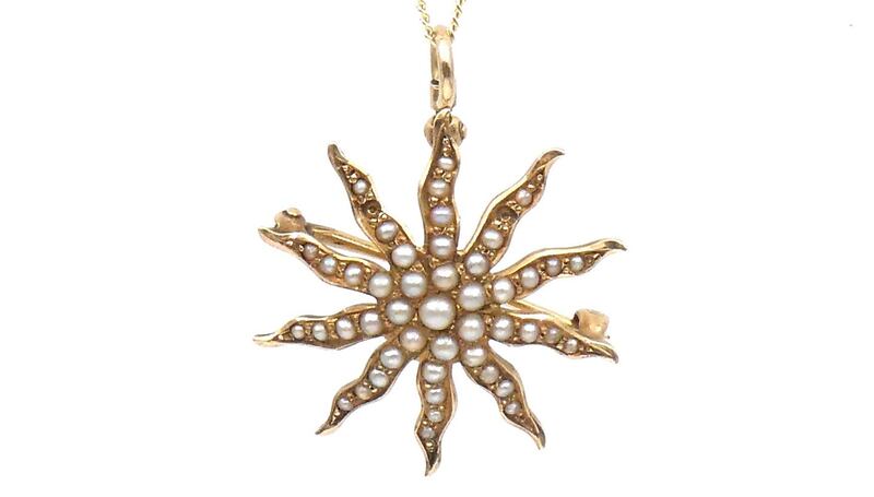 A vintage pearl set sunburst pendant in 14-carat gold (€675) from Billie and Oso and collected.ie