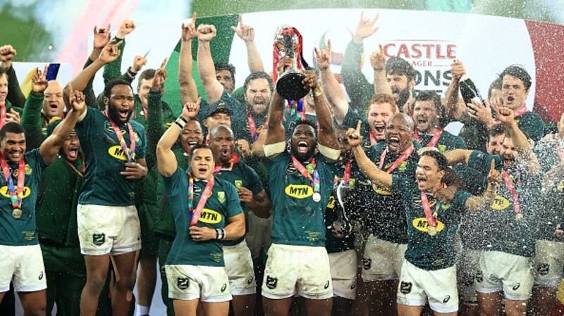 South Africa celebrate after victory in the third test against the British and Irish Lions this summer. Photograph: David Rogers/Getty Images
