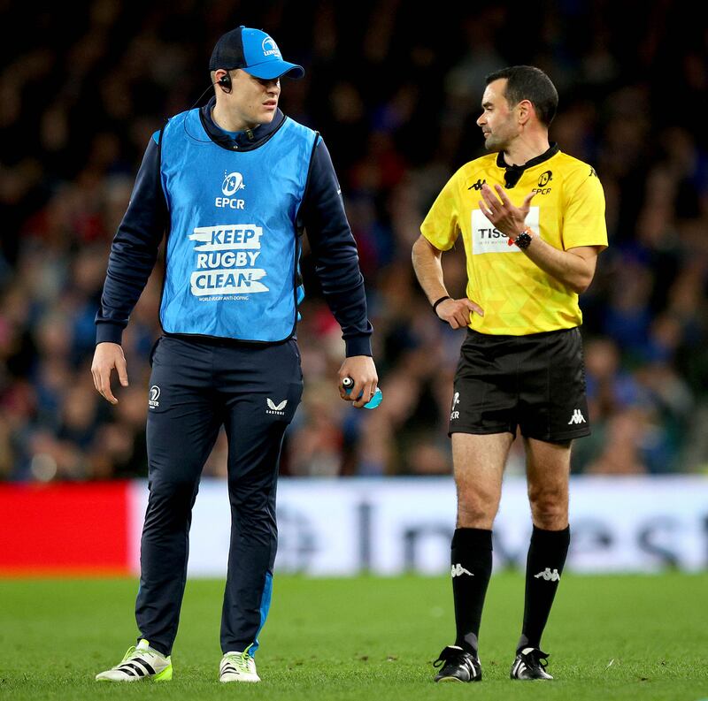 Leinster’s Garry Ringrose acts as water boy during the province's victory over Leicester. Photograph: Ryan Byrne/Inpho
