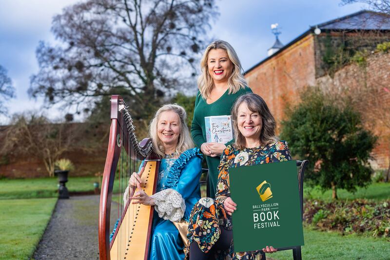 Harpist Eileen Beamish from Celtic Grace, Rosalind Mulholland from Ballyscullion Park Book Festival and NI international best-selling author Emma Heatherington