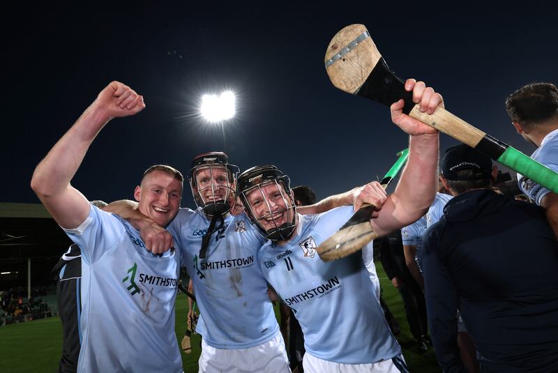 Na Piarsaigh’s Keith Dempsey, Daithí Dempsey and Peter Casey celebrate the win over Kilmallock. Photograph: James Crombie/Inpho