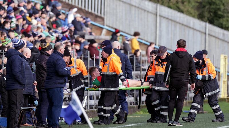 Eoghan McLaughlin is carried off during Mayo’s win over Monaghan. Photograph: John McVitty/Inpho