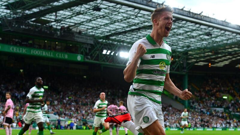 Kristoffer Ajer of Celtic celebrates scoring Celtic’s opener against Nomme Kalju. Photograph:  Mark Runnacles/Getty
