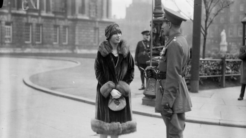 Princess Mary chats with a British army officer during a three-day visit to  Belfast with  husband, Viscount Lascelles, in October 1928. Photograph: National Library of Ireland/NNI Flickr