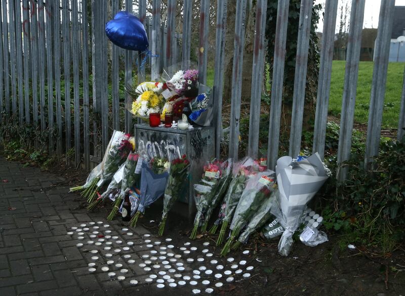 Flowers and tributes pictured near the scene where Willie Moorehouse died in a playground at Ballywaltrim, Bray, Co Wicklow on Sunday evening. Photograph: Collins 