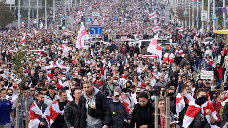 Thousands of people attend an opposition protest in Minsk, Belarus on Sunday October 4th. Photograph: EPA