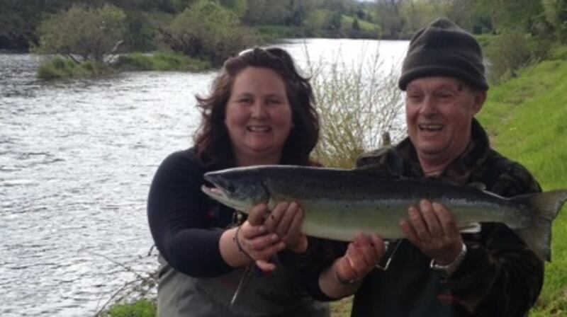 Mario Corona from Italy with his ‘birthday’ salmon from the Blackwater Lodge Fishery, with Glenda Powell