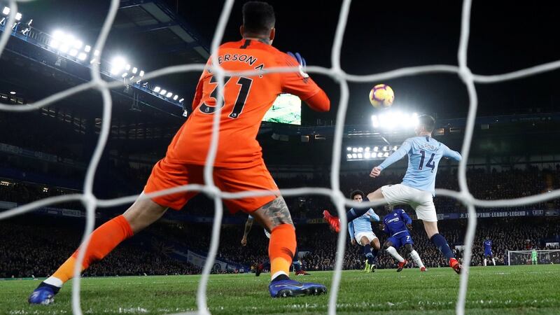 N’Golo Kante rifles home Chelsea’s opener in their 2-0 win over Manchester City. Photograph: Eddie Keogh/Reuters